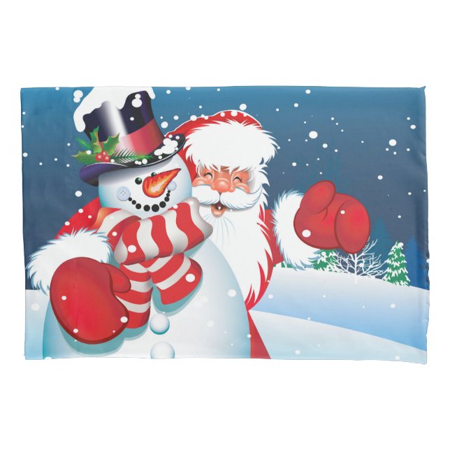 Holiday Santa & Snowman Pillowcase (Front)