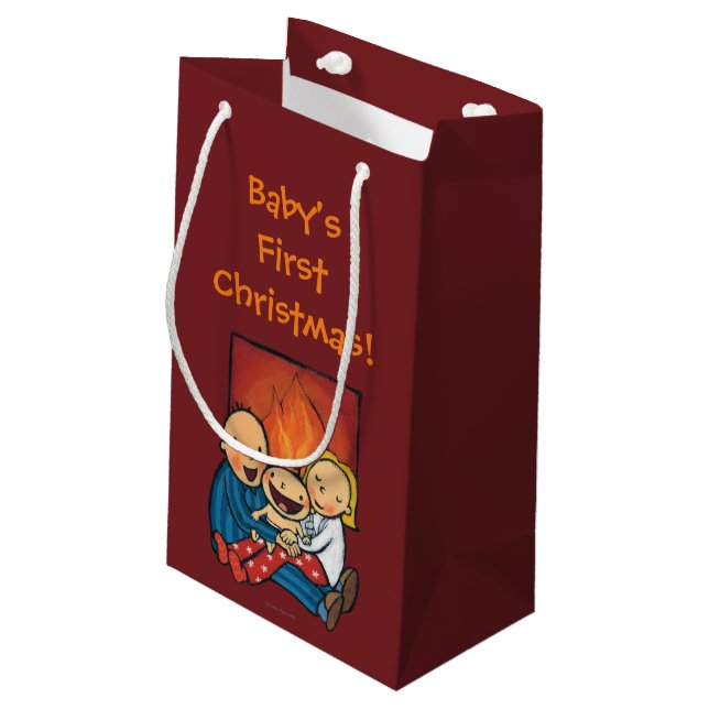 Holiday Scene: Family in Front of the Fireplace Small Gift Bag (Back Angled)
