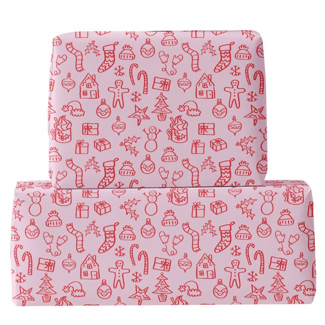 Holiday Scribble Doodle Red and Pink Wrapping Paper (Fun Christmas holiday scribble doodle illustration pink and red gift wrapping paper)