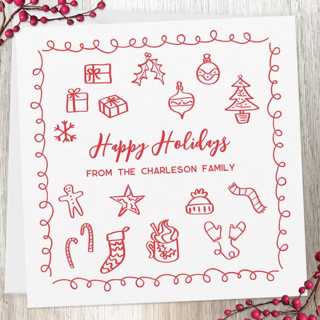 Holiday Scribble Doodle Red and White Card (Fun scribble doodle personalized Christmas holiday card)