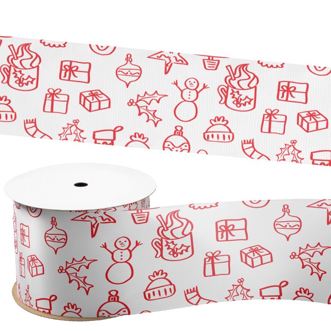 Holiday Scribble Doodle Red and White Satin Ribbon (Fun holiday doodle scribble illustration Christmas satin ribbon)
