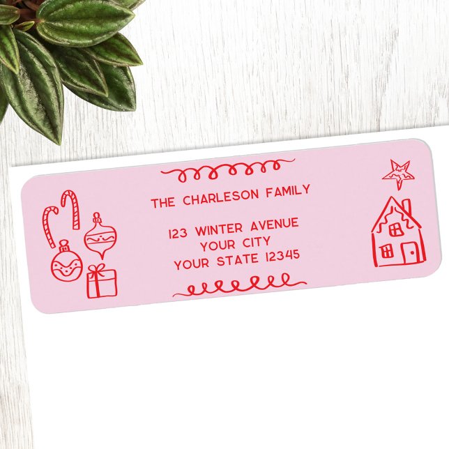 Holiday Scribble Doodle Red Pink Return Address (Fun holiday doodle scribble illustration Christmas personalized return address label)