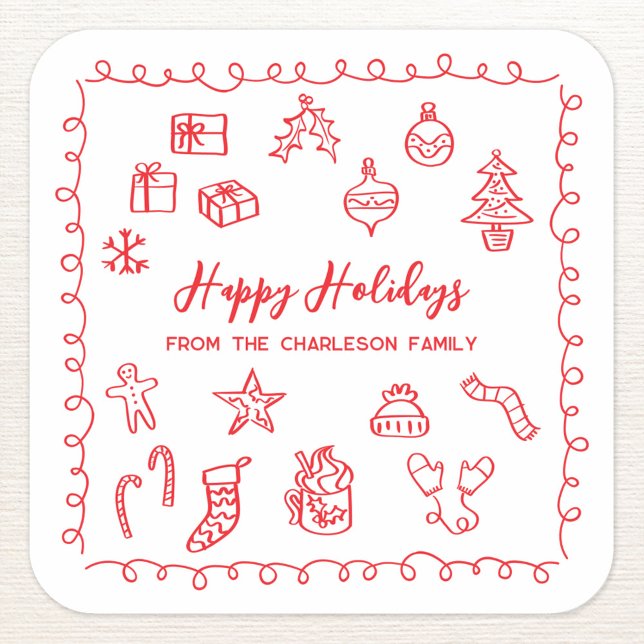 Holiday Scribble Illustration Doodle Red and White Square Sticker (Personalized red and white hand drawn scribble doodle Christmas holiday sticker)