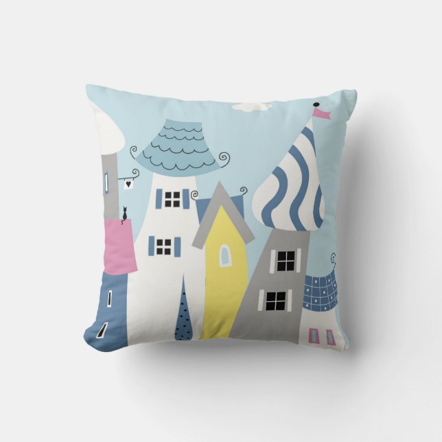 Holiday Seaside Town Buildings Colourful Cushion (Front)