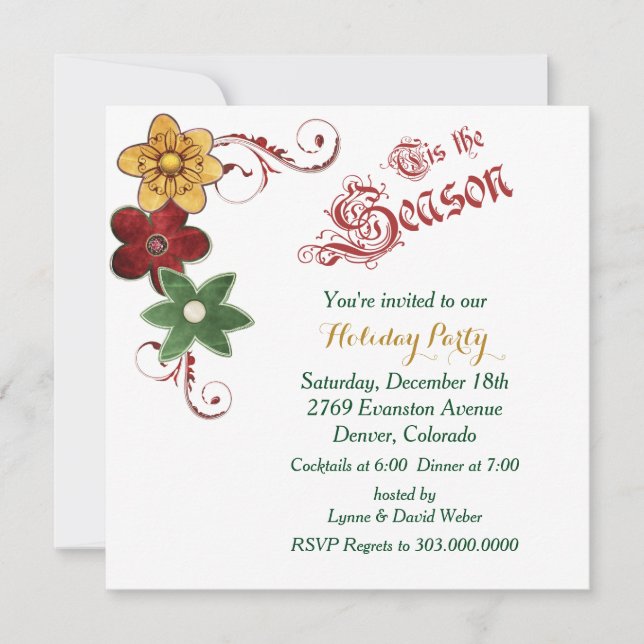 Holiday Season Flower Swirl Christmas Party Invitation (Front)