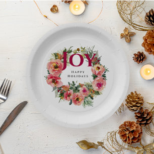 Holiday Season Joy Wreath Botanical Paper Plate