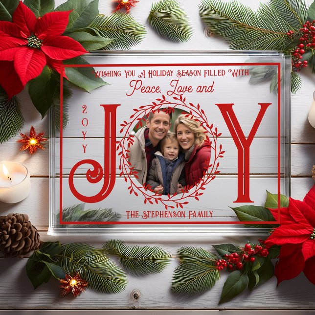 Holiday Season WIshing You Peace Love and Joy Acrylic Invitations (Christmas Holiday Season "Peace Love and Joy" Circular Photo Acrylic Card)