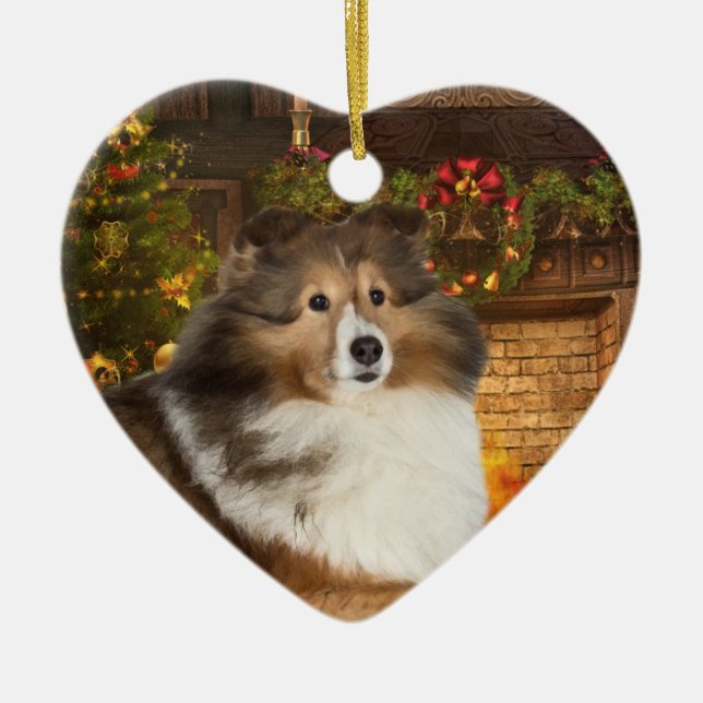 Holiday Sheltie Ceramic Tree Decoration (Front)