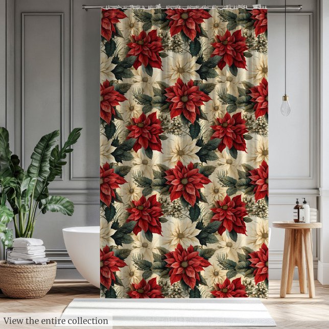 Holiday Shower Curtain Classic Christmas Flowers (Holiday Shower Curtain with Classic Christmas Flowers)