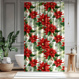 Holiday Shower Curtain Red Floral Festive Touch
