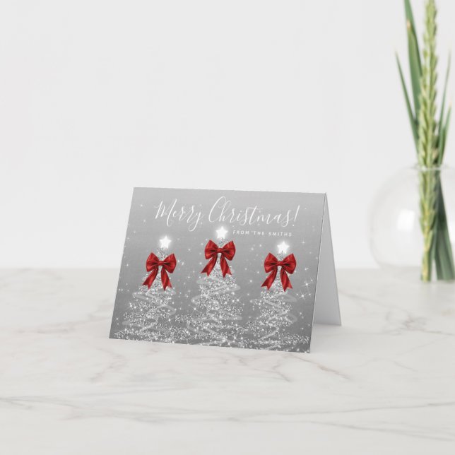 Holiday Silver Christmas Trees Greeting Red  Card (Front)