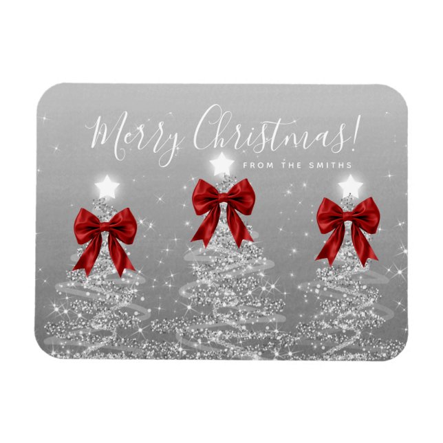Holiday Silver Christmas Trees Greeting Red  Magnet (Horizontal)