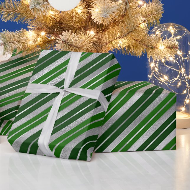 Holiday Silver Foil and Green Christmas Stripes Wrapping Paper (Holidays)