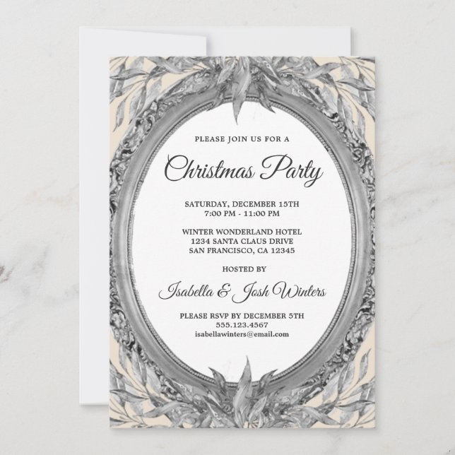 Holiday Silver Grey Leaves Wreath Christmas Party Invitation (Front)