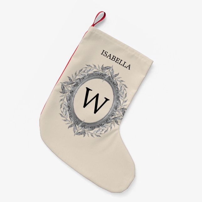 Holiday Silvery Leaves Wreath Monogram Small Christmas Stocking (Front (Hanging))