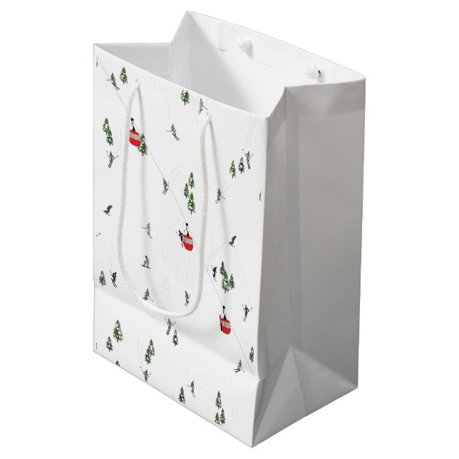 Holiday Skiing Red Ski Lift Illustration Medium Gift Bag (Front Angled)