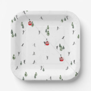 Holiday Skiing Red Ski Lift Illustration Paper Plate