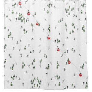 Holiday Skiing Red Ski Lift Illustration Shower Curtain