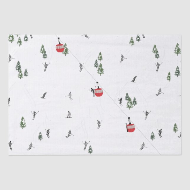 Holiday Skiing Red Ski Lift Illustration Tissue Paper (Front)