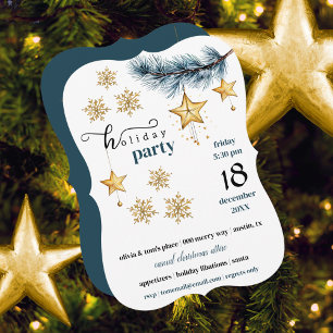 Holiday Slate Blue with Gold Snowflakes and Stars  Invitation