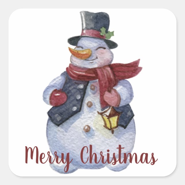 Holiday Smiling Snowman Customisable Square Sticker (Front)