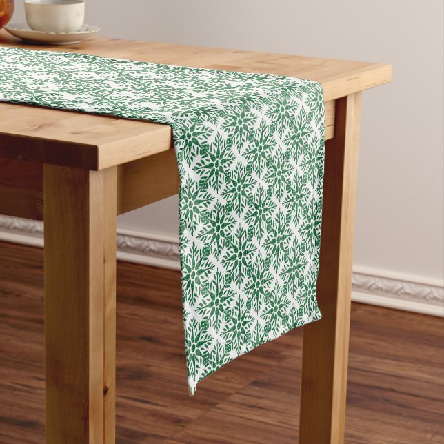 Holiday Snowflake Plaid Pattern Green Table Runner (In Situ)