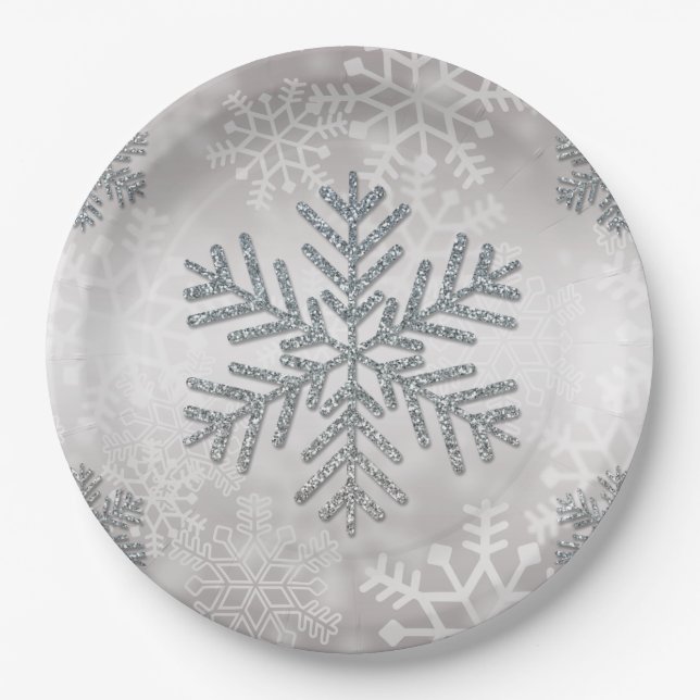 Holiday Snowflake with Silver Glitter Paper Plate (Front)