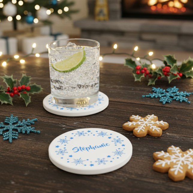 Holiday Snowflake Wreath Coaster (personalized holiday snowflake drink coaster)