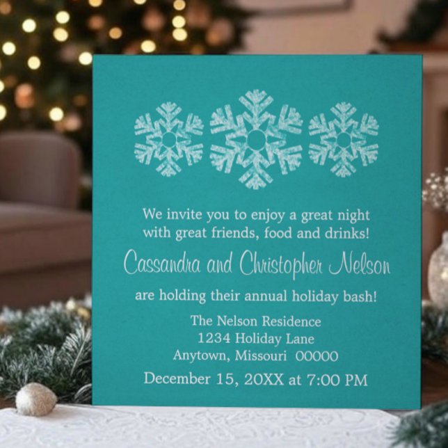 Holiday Snowflakes Christmas Party, Teal Invitation (Teal Holiday Snowflakes Christmas Party Invitation)