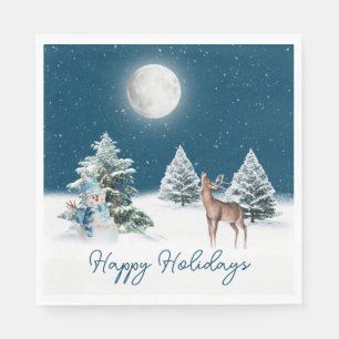 Holiday Snowman and Deer In Snowflakes Napkin