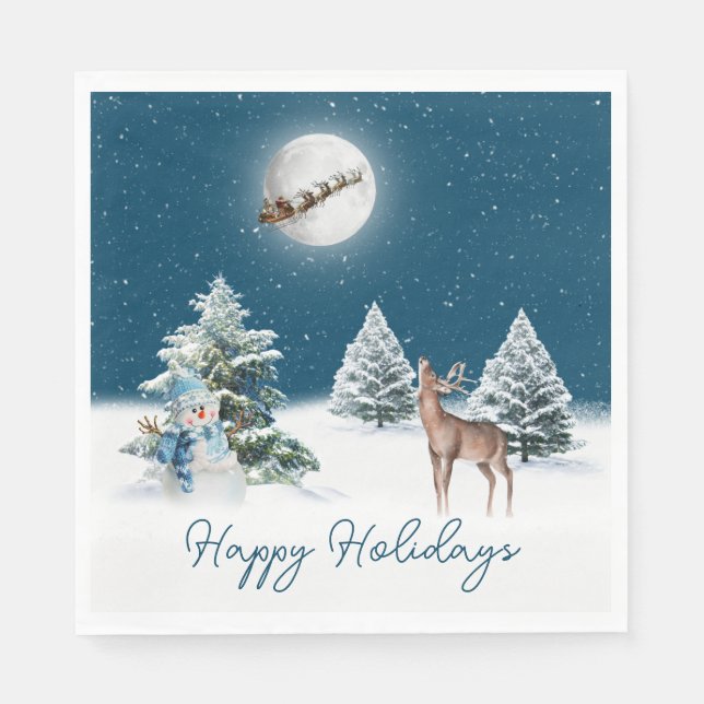 Holiday Snowman and Deer With Moon Napkin (Front)