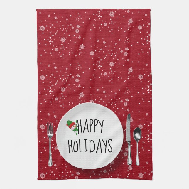 Holiday Snowman And Snowflakes Tea Towel (Vertical)