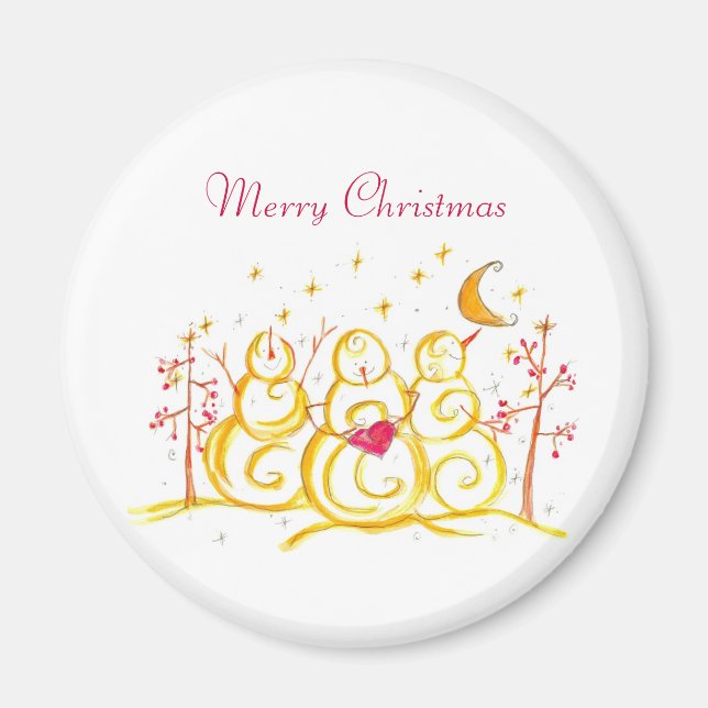 Holiday Snowman Crescent Moon Merry Christmas Magnet (Front)