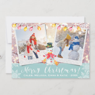 Holiday Snowman Custom 2-Photo Ice Blue & White Card
