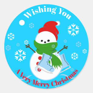 Holiday Snowman Wishing You a Merry Christmas Blue Classic Round Sticker