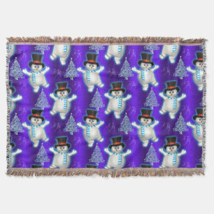 Holiday Snowmen Dancing in the Snow Blue Christmas Throw Blanket