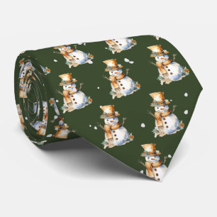 Holiday Snowmen In Snowflakes On Green Tie
