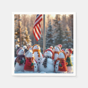 Holiday Snowmen Looking Up at USA Flag Napkin
