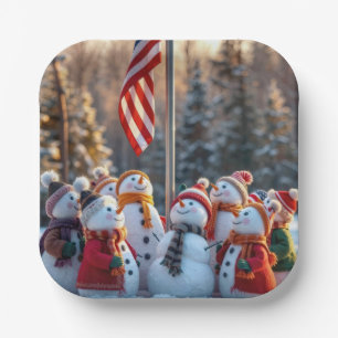 Holiday Snowmen Looking Up at USA Flag Paper Plate