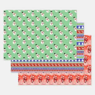 Holiday Snowmen, Nordic Stripe, and Candy Cane Wrapping Paper Sheet