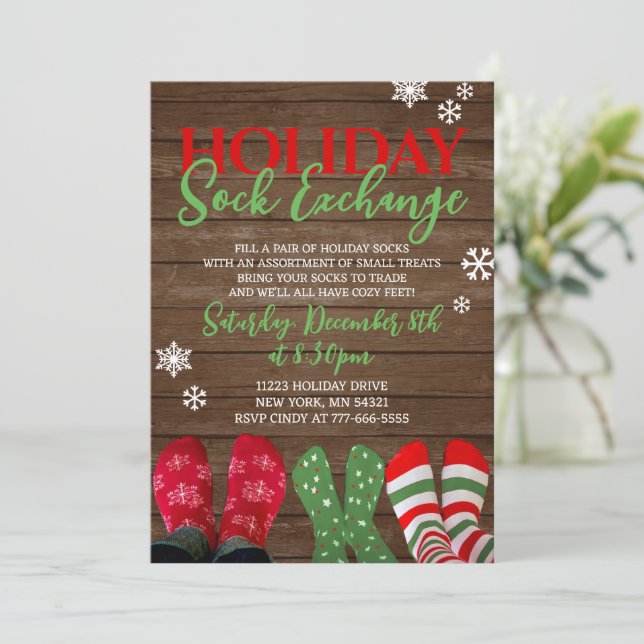 Holiday Sock Exchange Christmas Party Invitation (Standing Front)