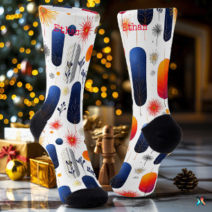 Holiday Socks with Navy and Gold Feather Accents
