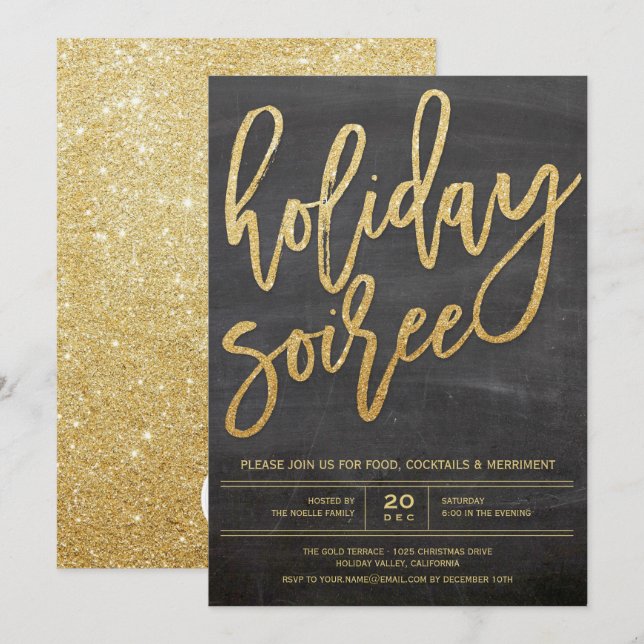 Holiday Soiree Glitter Chalkboard Party Invite (Front/Back)