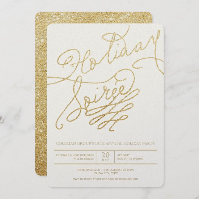 Holiday Soiree Gold Glitter Script Stylish Party Invitation (Front/Back)
