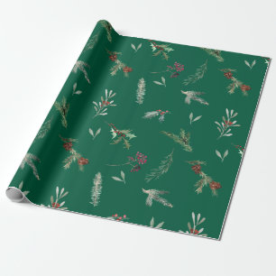 Holiday Spruce & Red Berries Forest Green Wrapping Paper