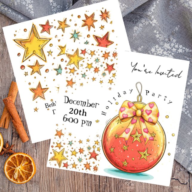 Holiday Stars and Cute Ornament Party Invitation (Spicey orange ornament on your Holiday Party invitation that is fully customizable )