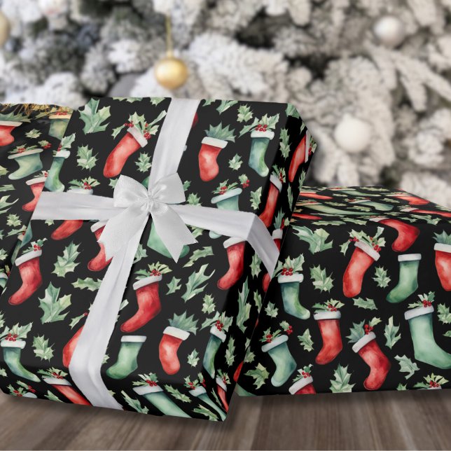 Holiday Stocking Christmas Wrapping Paper (Festive Holiday Holly Stocking Christmas Wrapping Paper)