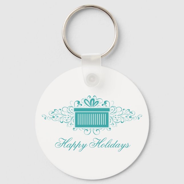 Holiday Swirls Present Keychain, Aqua Key Ring (Front)