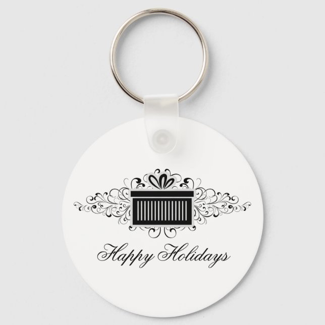 Holiday Swirls Present Keychain, Black Key Ring (Front)