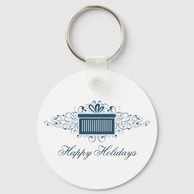 Holiday Swirls Present Keychain, Blue Key Ring (Front)